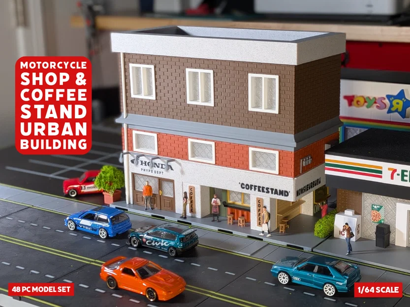 Bộ Mô Hình Tòa Nhà Phố - Cửa Hàng Xe Máy & Quầy Cà Phê - Tỉ Lệ 1:64 - Image 1