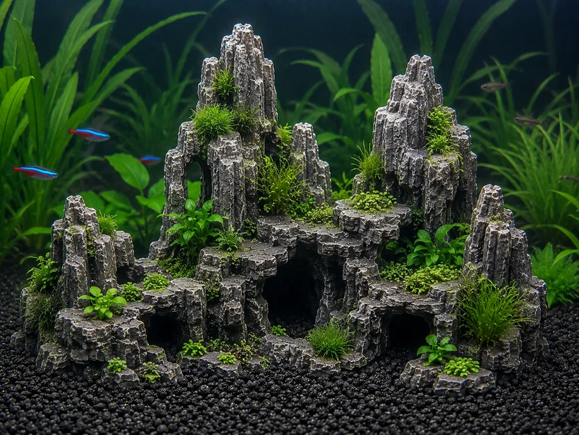 Mô hình tảng đá 3D trang trí hồ cá có hang ẩn náu cho cá - Image 1