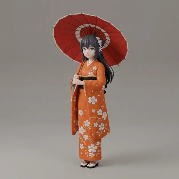 Mô hình Anime Art cô gái Nhật Bản trong trang phục Kimono cam tuyệt đẹp - Image 1