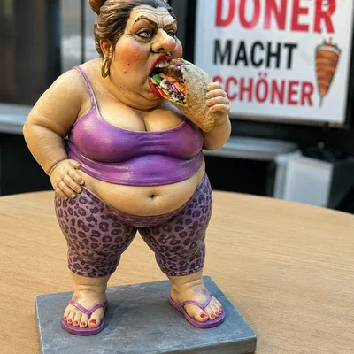 Mô hình 3D người phụ nữ ăn Döner Kebab hài hước