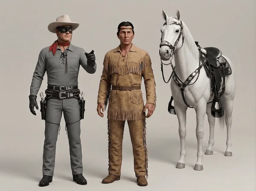 Mô hình 3D The Lone Ranger, Tonto và ngựa Silver kinh điển - Image 1