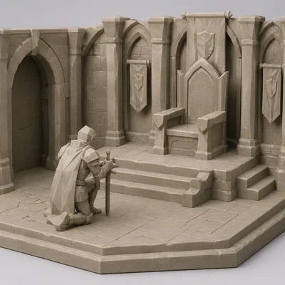 Mô hình 3D Diorama phòng ngai vàng trung cổ với kỵ sĩ trang trí