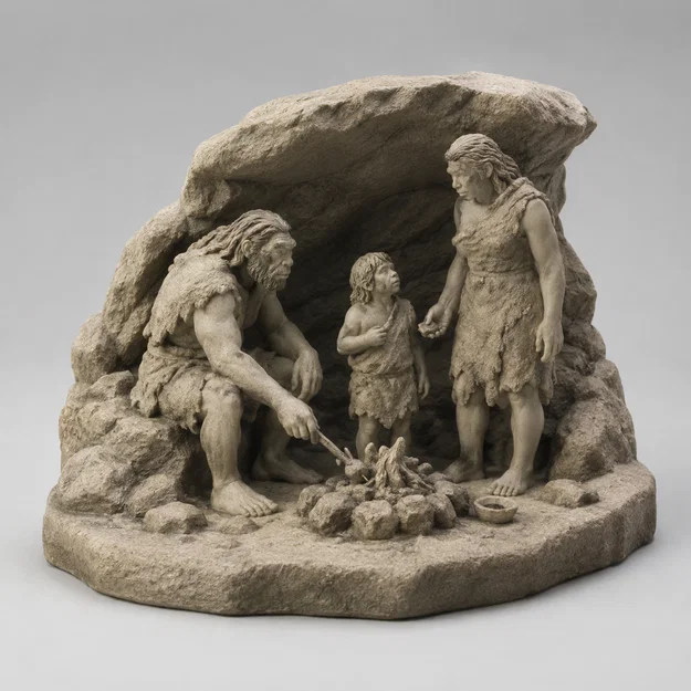 Mô hình tiểu cảnh gia đình người tiền sử bên lửa trại (Diorama) - Image 1