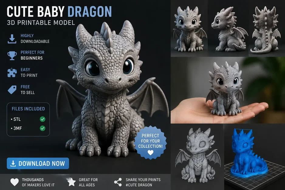 Mô hình rồng con Baby Dragon dễ thương dành cho in 3D - Image 1