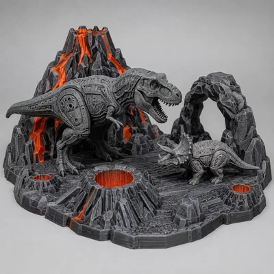 Mô hình sa bàn khủng long đối đầu tại núi lửa - In 3D độc đáo