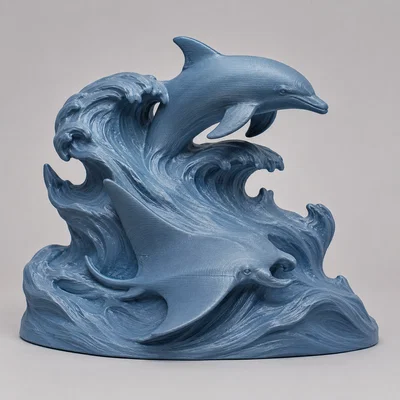 Mô hình 3D Cá heo và Cá đuối cưỡi sóng trang trí nghệ thuật