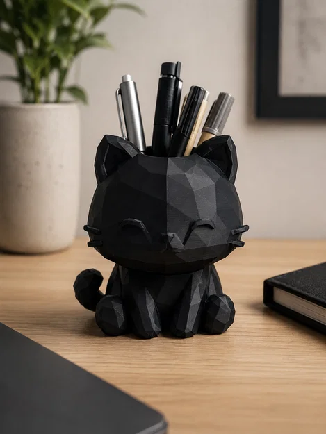 Ống cắm bút hình mèo Low Poly - File in 3D độc đáo cho bàn làm việc - Image 1