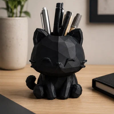 Ống cắm bút hình mèo Low Poly - File in 3D độc đáo cho bàn làm việc