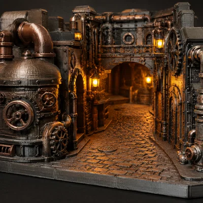 Mô hình tiểu cảnh hẻm công nghiệp Steampunk 3D cực chi tiết