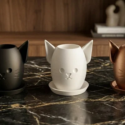 Chậu Cây Hình Mèo Đáng Yêu In 3D Kèm Đĩa Lót