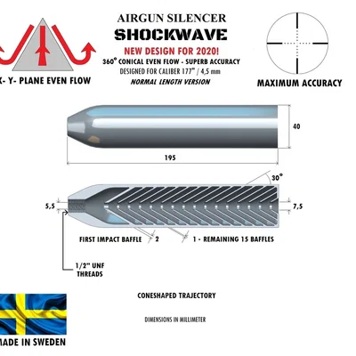 Ống giảm thanh 3D Shockwave 195mm cho cỡ đạn 4.5mm (1/2 UNF)