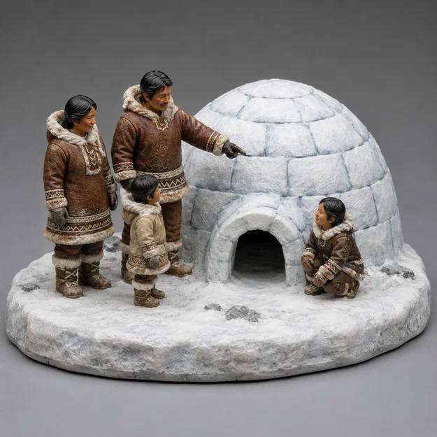Mô hình gia đình người Eskimo bên ngôi nhà tuyết Iglu trang trí 3D - Image 1