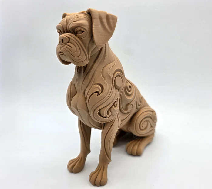 Tượng chú chó Boxer ngồi phong cách chạm khắc gỗ với hoa văn xoắn - Image 1