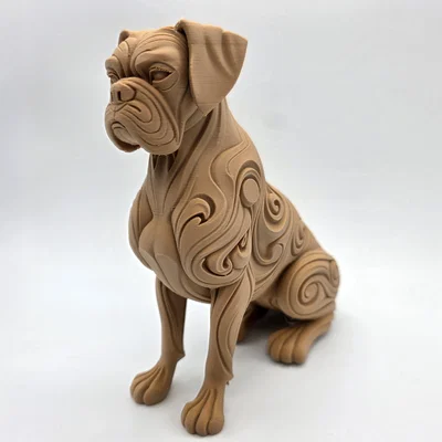 Tượng chú chó Boxer ngồi phong cách chạm khắc gỗ với hoa văn xoắn