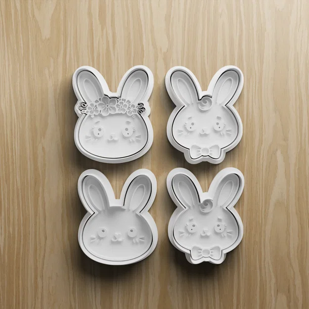 Bộ khuôn cắt bánh quy hình mặt thỏ dễ thương (STL) | Khuôn fondant thỏ thắt nơ | In 3D - Image 1