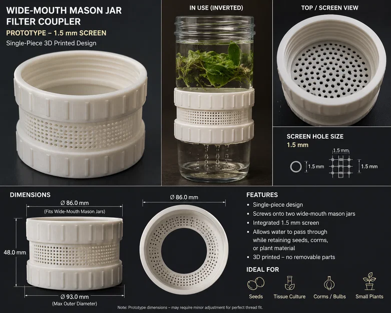 Khớp nối lưới lọc 1.5mm cho hũ Mason ươm mầm cây trồng 3D - Image 1