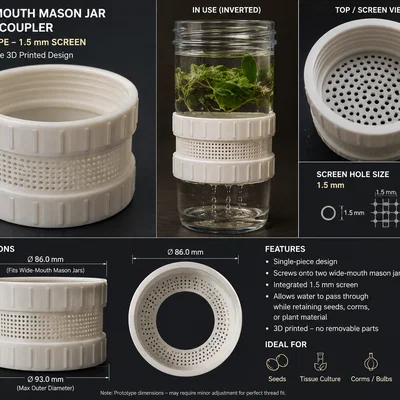 Khớp nối lưới lọc 1.5mm cho hũ Mason ươm mầm cây trồng 3D