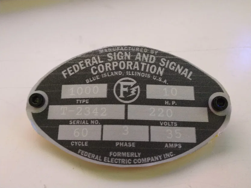 Bảng tên kỹ thuật Federal Signal FS&S 3D - Mẫu phục chế chuyên nghiệp - Image 1