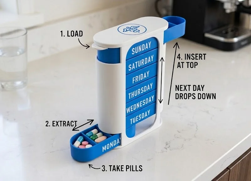 Hộp Chia Thuốc Thông Minh Hàng Tuần - Hệ Thống Tự Động Rơi Gravity Cascade