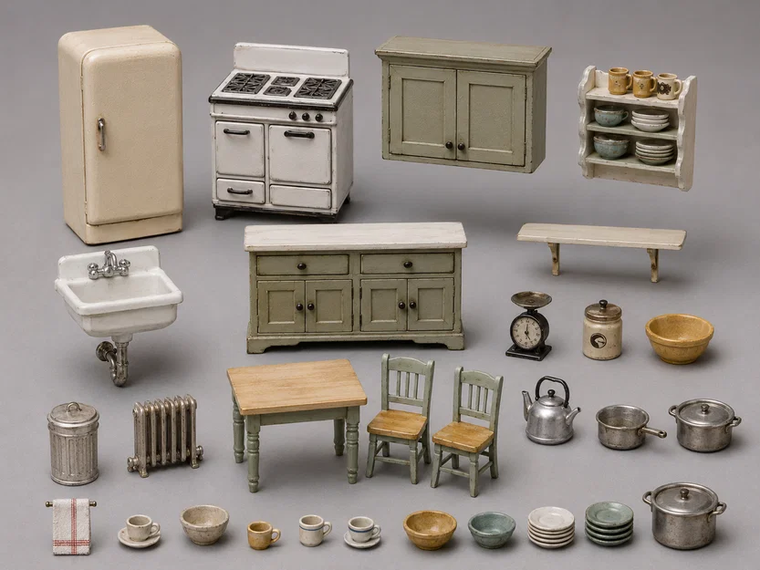 Bộ Nội Thất Nhà Bếp Cổ Điển Thu Nhỏ - Mô Hình Diorama 3D - Image 1