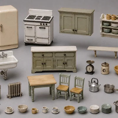 Bộ Nội Thất Nhà Bếp Cổ Điển Thu Nhỏ - Mô Hình Diorama 3D
