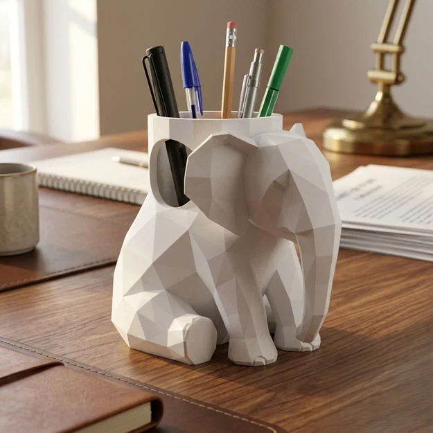 Ống Đựng Bút Hình Voi Low Poly – Phụ Kiện Tổ Chức Bàn Làm Việc Thông Minh - Image 1